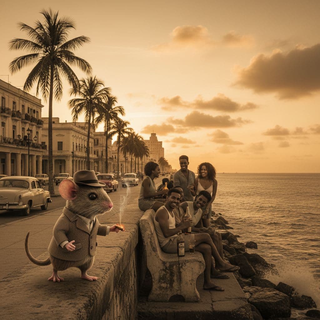 AI generated: un raton fumando pasea por el malecon de la Habana mientras observa jovenes bebiendo ron