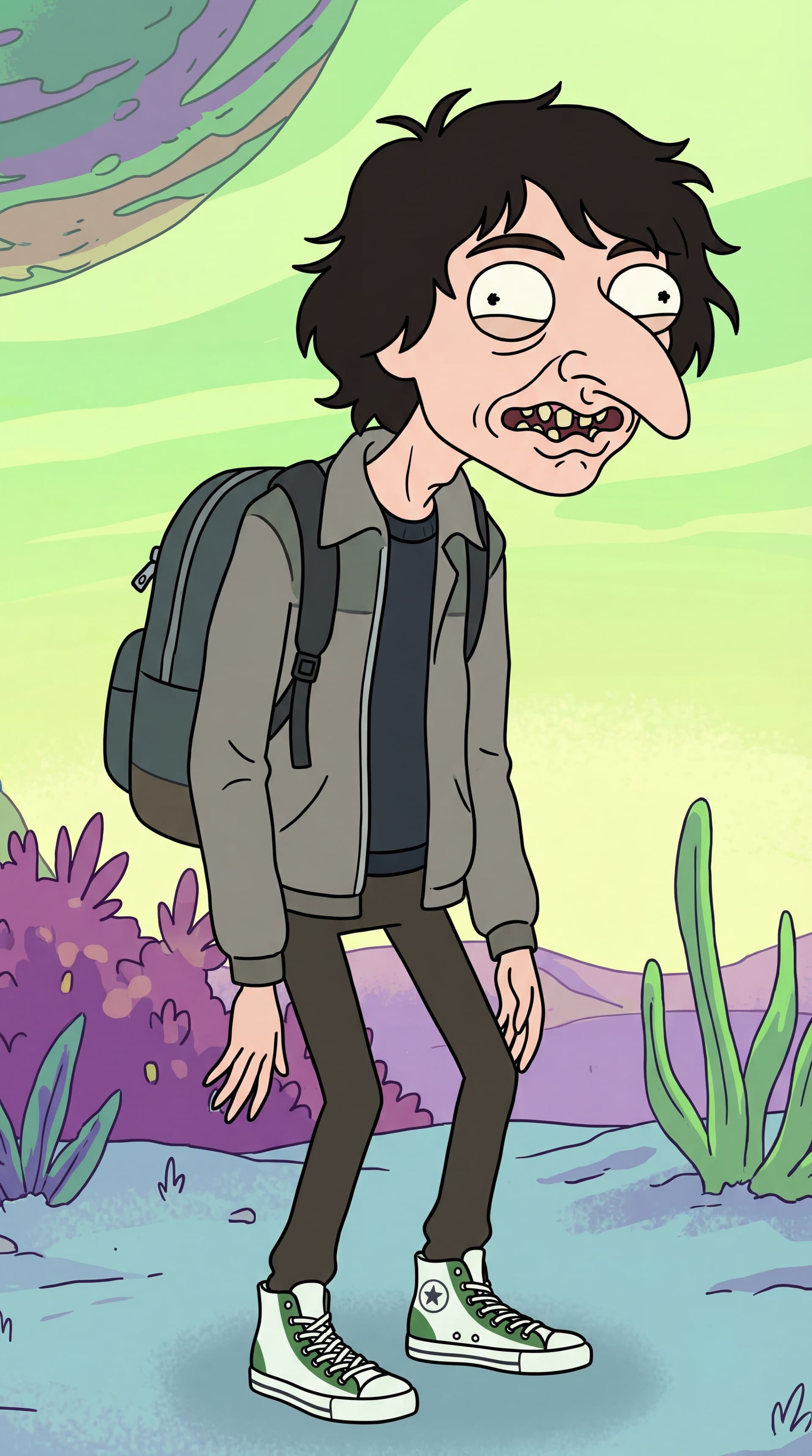 AI generated: Generate full-body cartoon characters Stranger Things Mike Wheeler in the iconic Rick and Morty anim...
