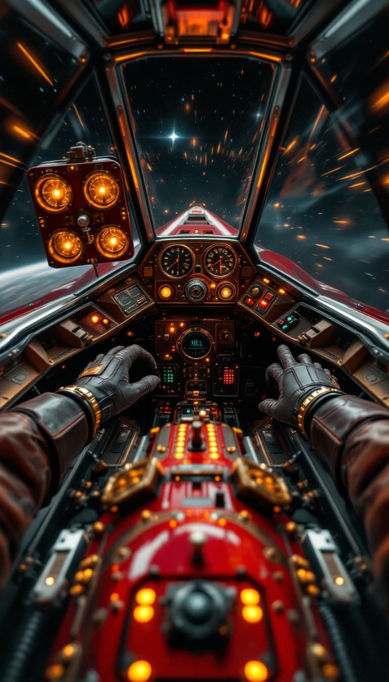 AI generated: First-person POV from the cockpit of a small steampunk-inspired spacecraft, reminiscent of an X-Wing...