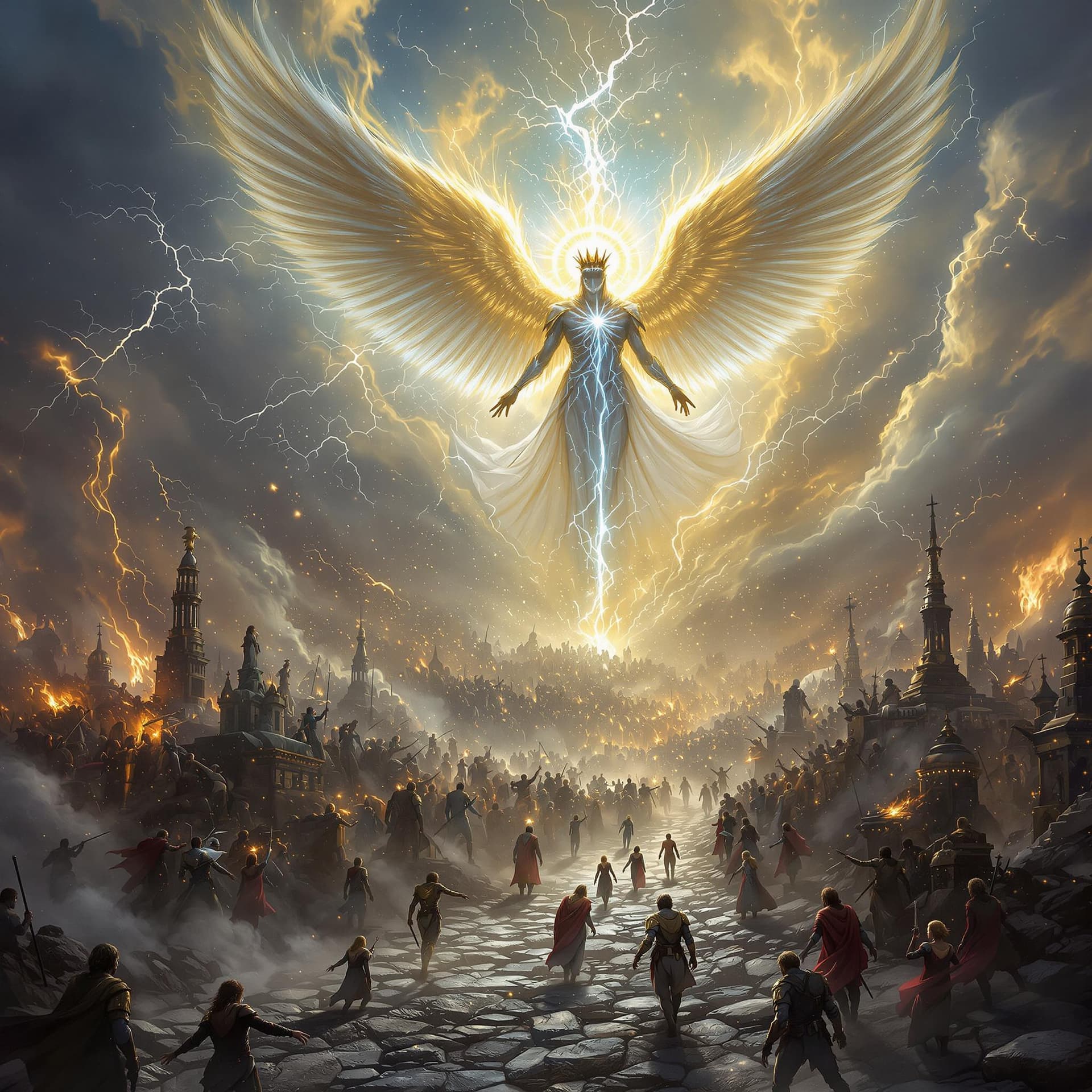 AI generated: God army angel monarchy fallen angels sun wings crown light thunder god war burn ice lighting landsc...