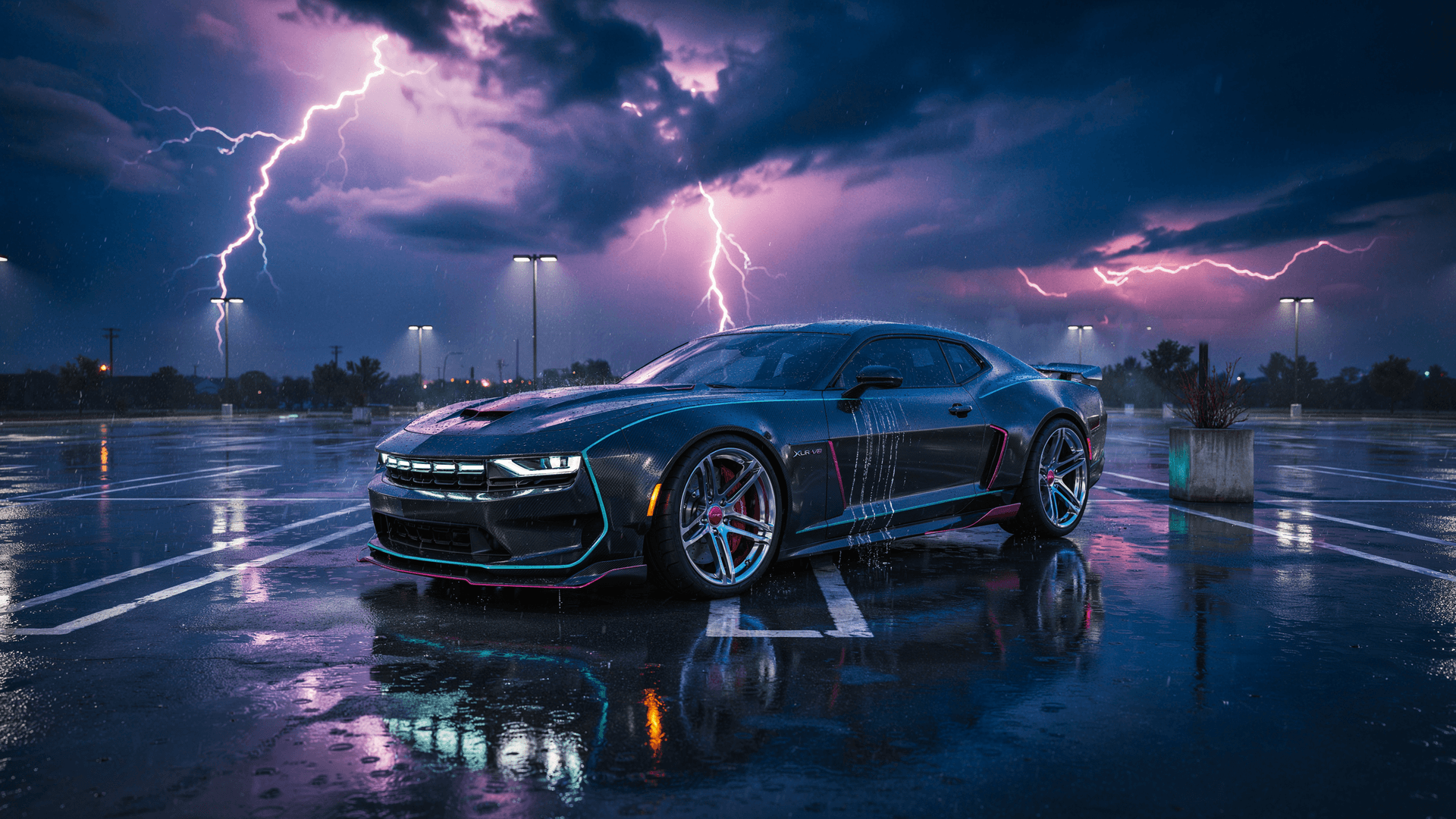 AI generated: Very futuristic muscle car in an empty parking lot at night, it is raining and the lightning is mult...
