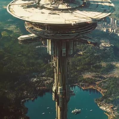 AI generated video: The camera flies over a huge rotating floating city