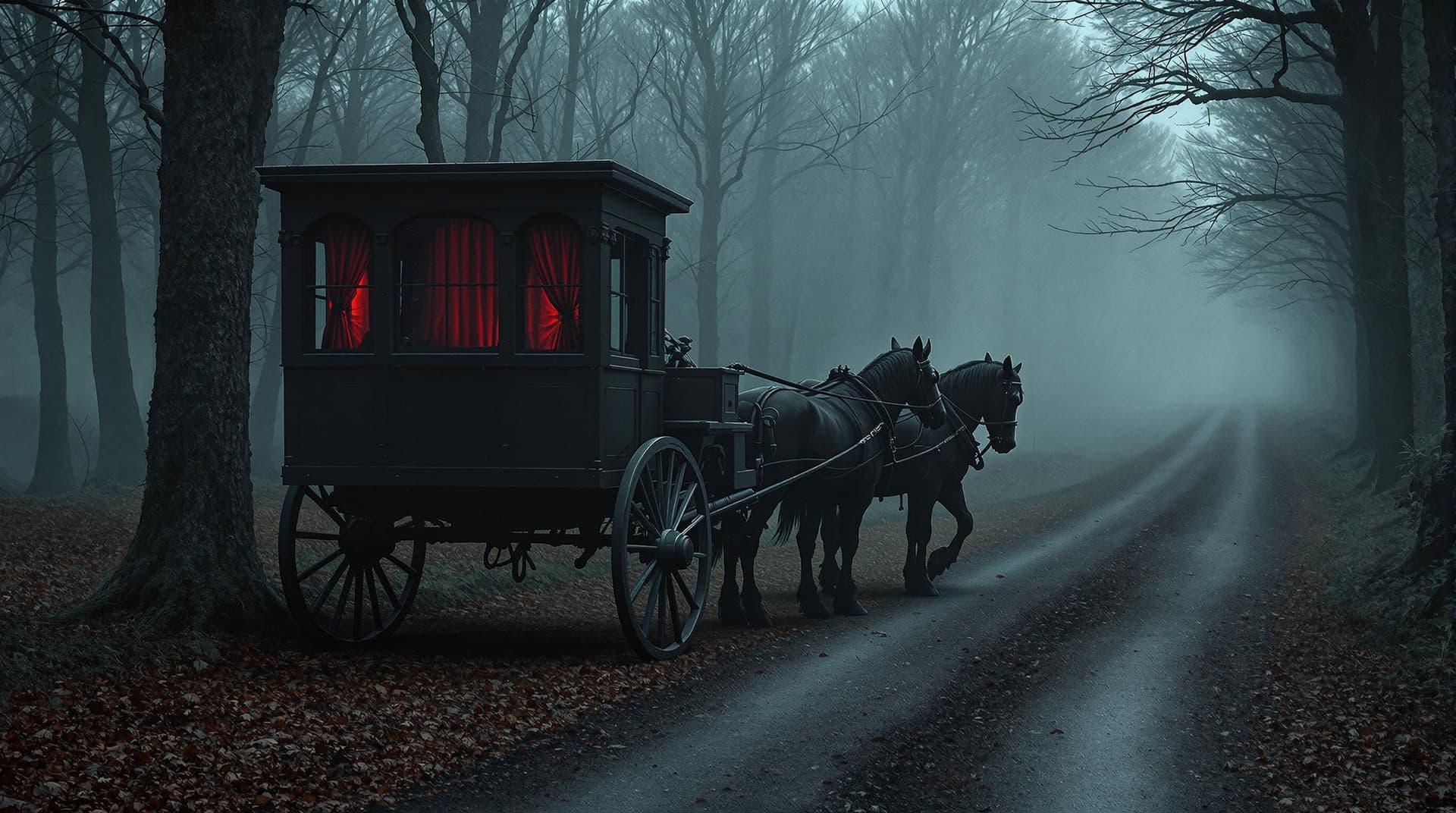 AI generated: a dark, atmospheric scene set in a misty forest, evoking a gothic horror style. On the right side of...
