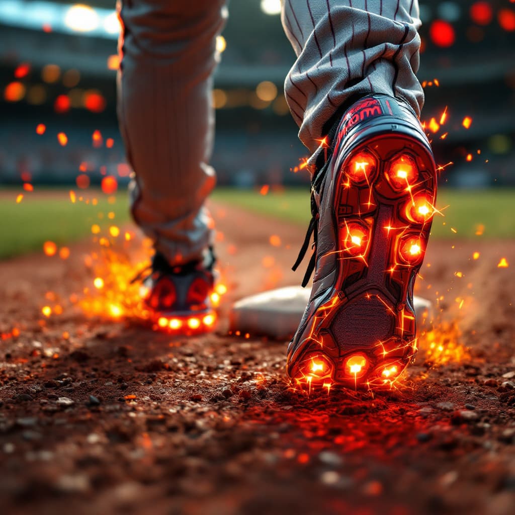 AI generated: Photo of a ultra realistic baseball player running the bases. Make his cleats electrified with brigh...