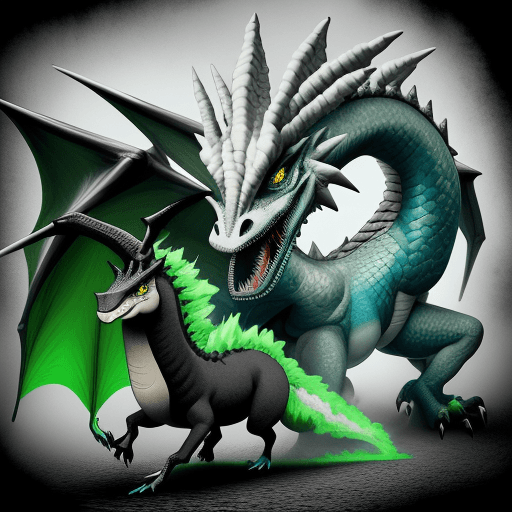 AI generated: un monstruo en llamas pegando
a un dragón de color blanco y negro con ojos verdes 