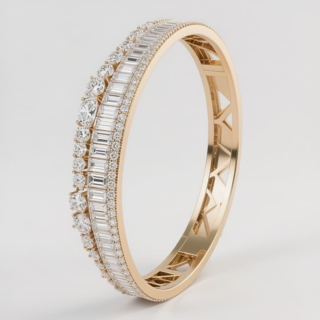 AI generated: Luxury 3D jewelry render of a modern open bangle bracelet inspired by minimalist high-end fine jewel...