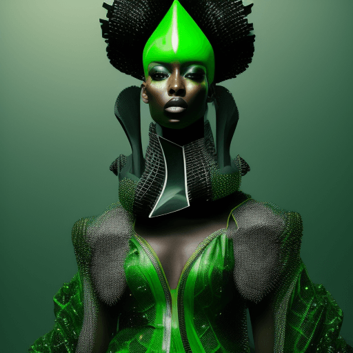 AI generated: Serious black female model, looking diagonally, dressed in extravagant and vanguardist clothing, pla...