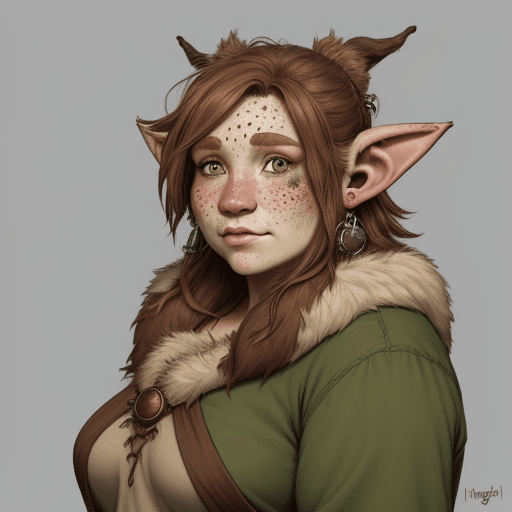 AI generated: Firbolg, female, earth tone colors, ranger, hyper realism, high Detail, freckles, dungeons and drago...