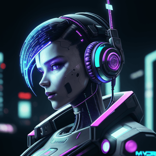 AI generated: close up of a robot with headphones on| LED display on head with music| cyberpunk robot| deep cyberp...
