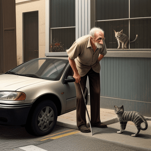 AI generated: realistic photo, Old man on the street, with a cane, hunched back, rescuing a kitten from under a ca...