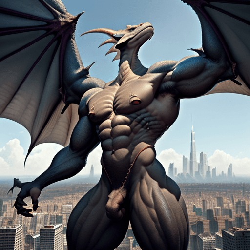 AI generated: skinny, athletic anthro dragon, briefs with disproportionately massive bulge, gargantuan, towering o...