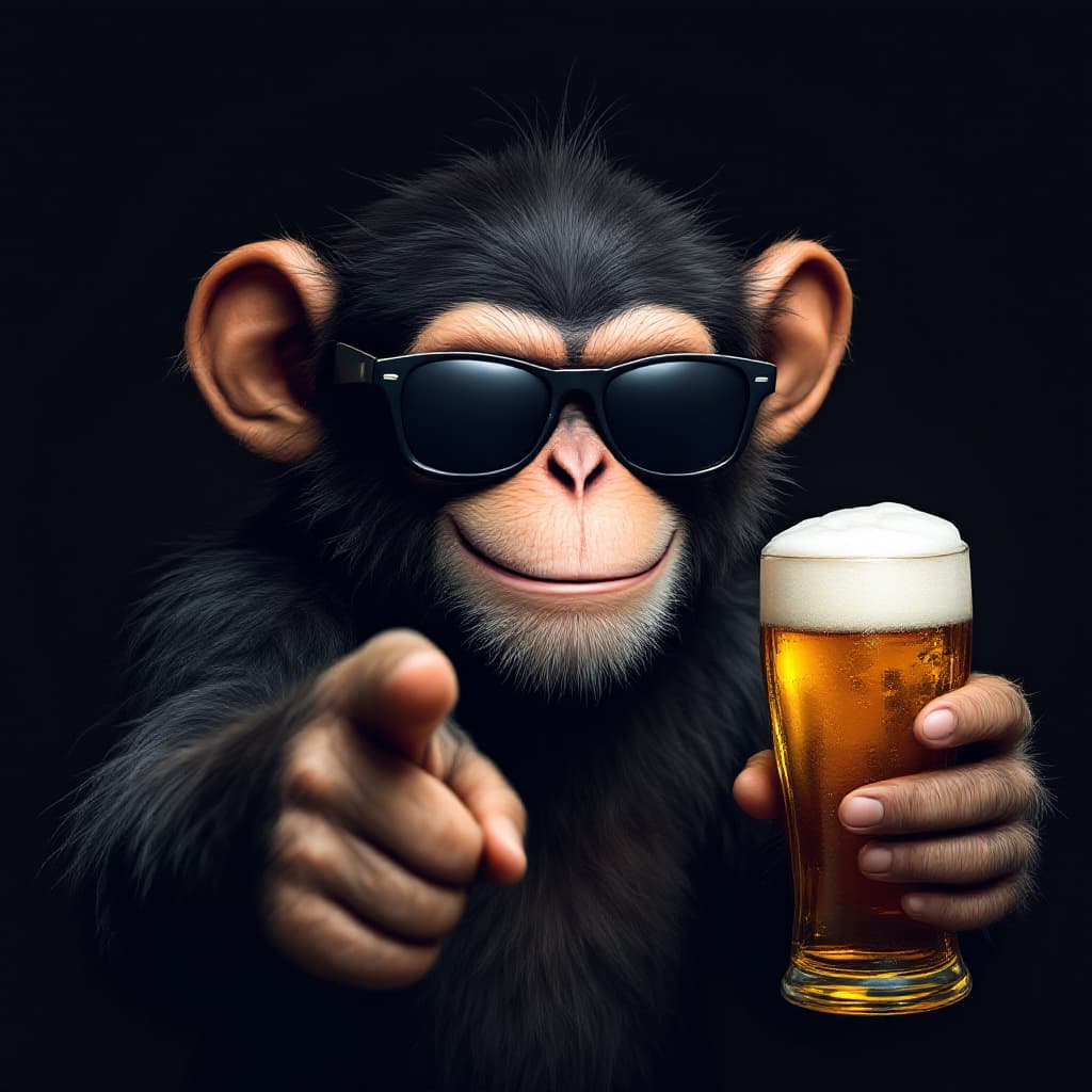 AI generated: A smiley monkey with dark glasses and a beer in hand pointing towards the camera