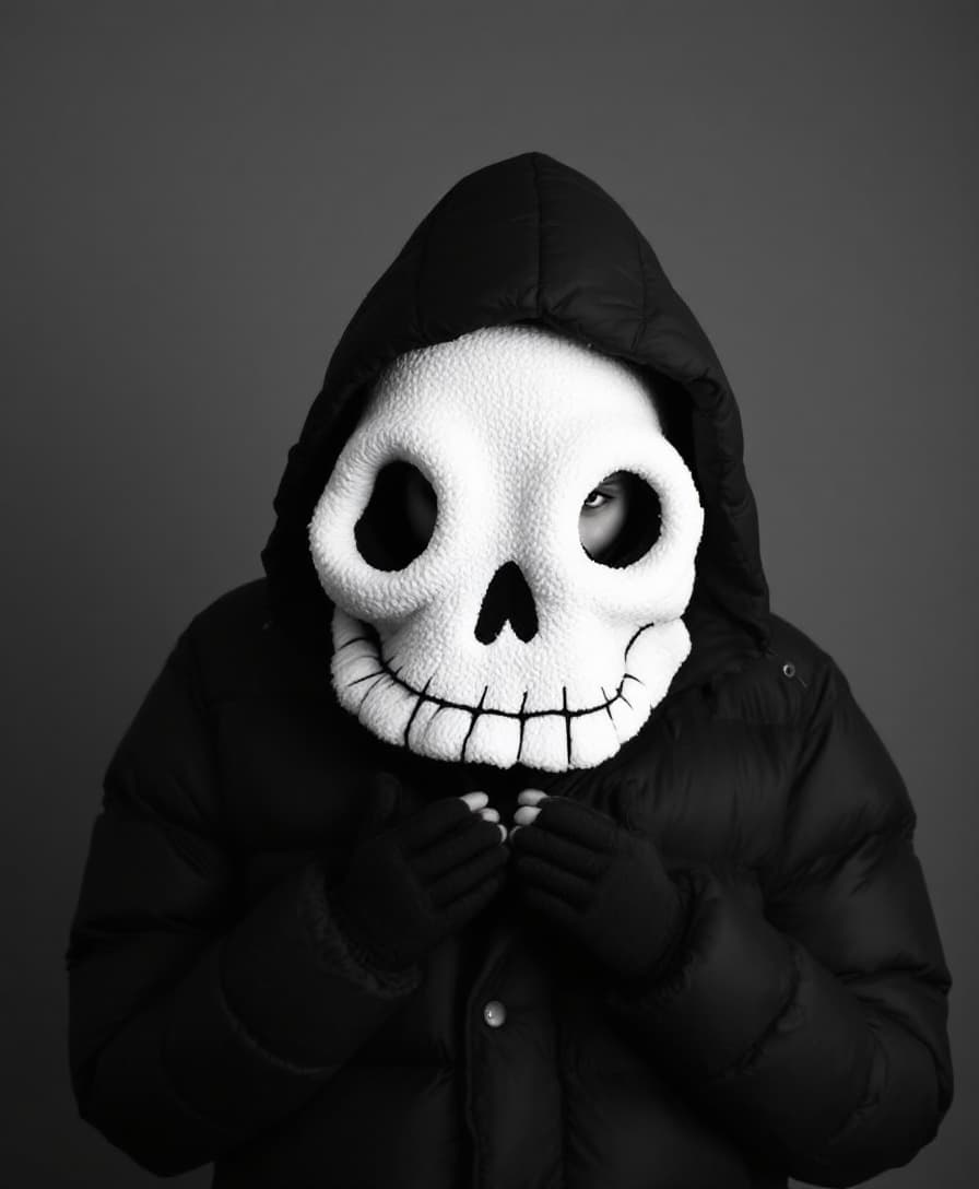 AI generated: The image is a black and white photograph of a person wearing a black puffer jacket with a hood. The...