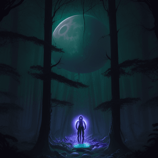 AI generated: A hyper-realistic and stunning depiction an alien in the 70's, Dan Mumford style, in a forest at nig...