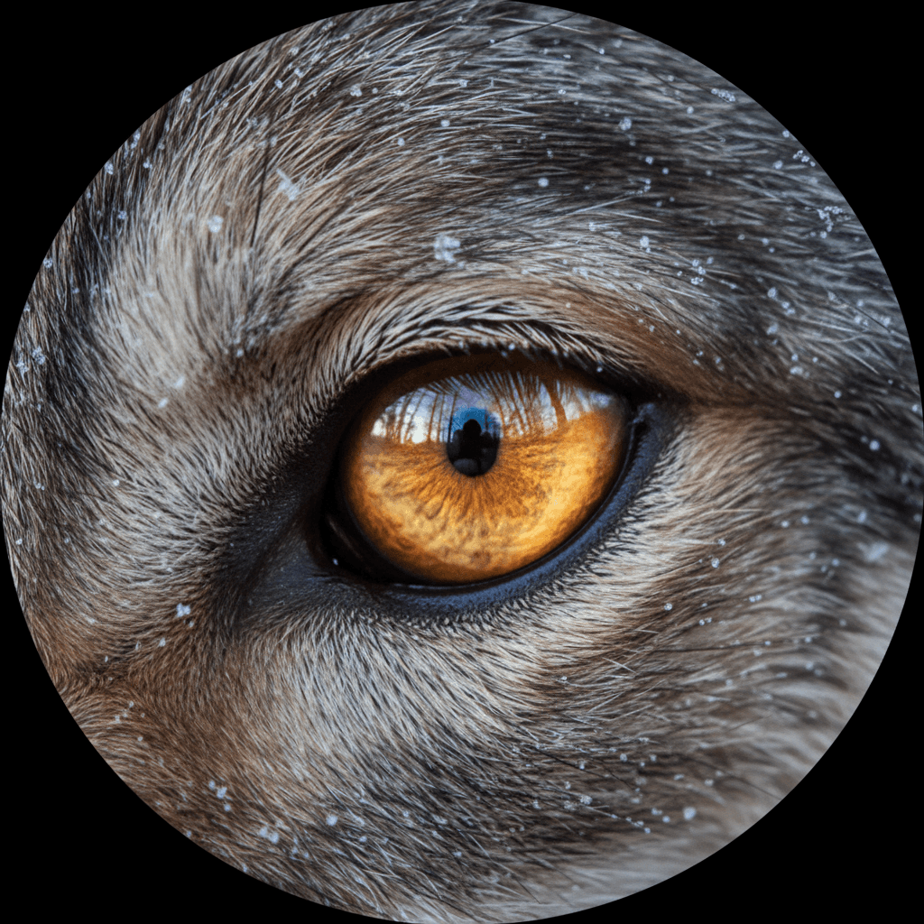 AI generated: "Macro close-up of a wolf’s eye — glowing amber iris with fur detail in focus"