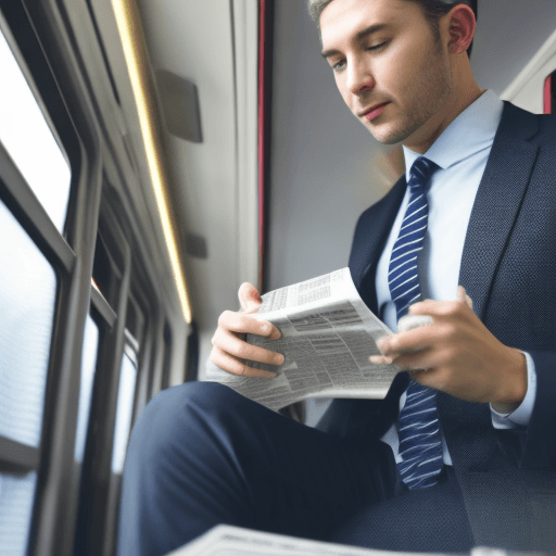 AI generated: Business man in train making a phonecall with a newspaper on his lap. He is wearing a business suit,...