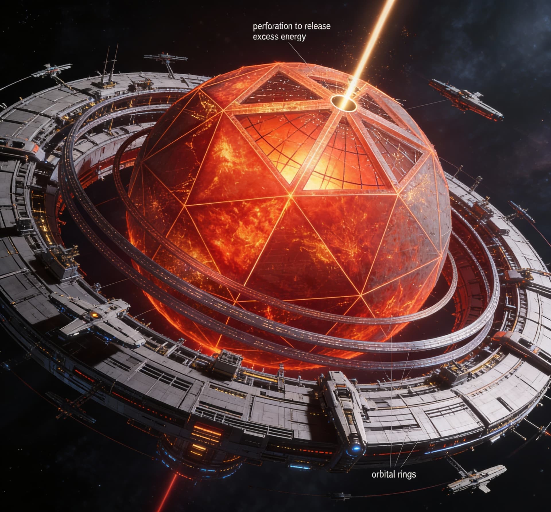 AI generated: Use the Reference Image to imagine, in detail, an alien Starship manufacturing Dyson’s Sphere.  Alte...