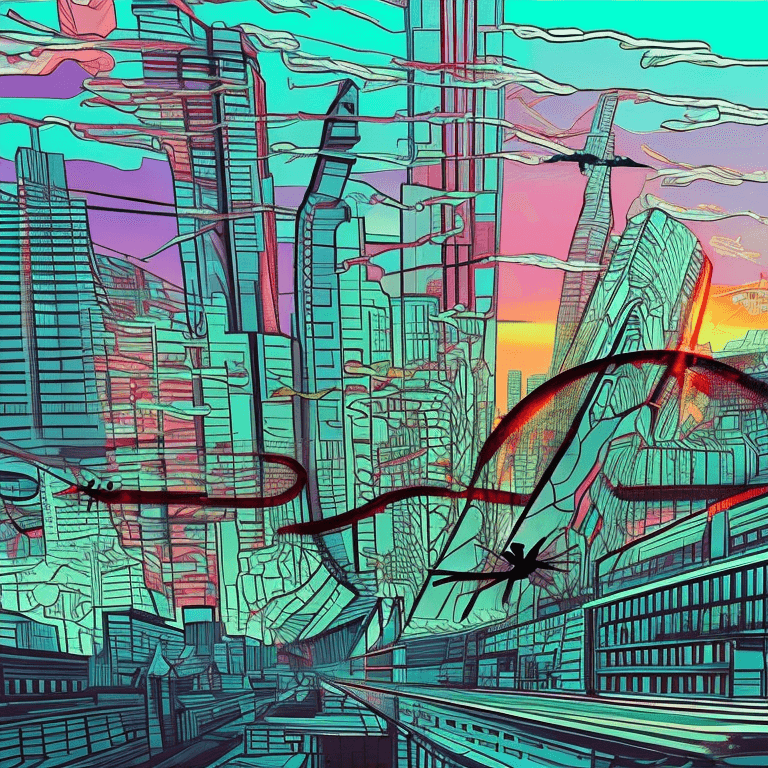 AI generated: A cyberpunk city scape at sunset in the style of JMW Turner. All neon chrome and looming shadows. A ...