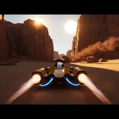 AI generated video: Epic sci-fi desert racing scene on a twin-sun planet. Sleek anti-gravity speed pods, each powered by...