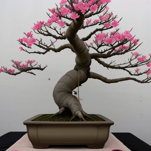 AI generated: bonsai tree, thick trunk, yellow branches, white eyes, pink flowers with reddish center, bottomless