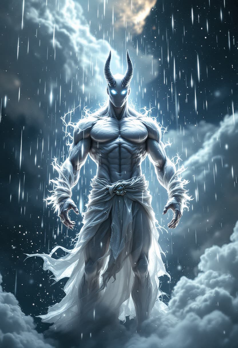 AI generated: God of Rain, full-body, Etherial, muscular, No mouth or hair, Glowing White eyes, epic, cinematic, 8...