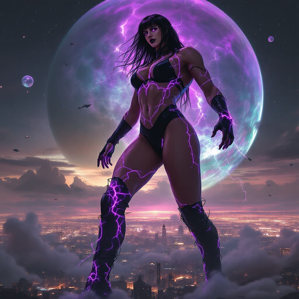 AI generated: truly enormous giantess female Rhea Ripley from WWE with black medium length hair and straight bangs...