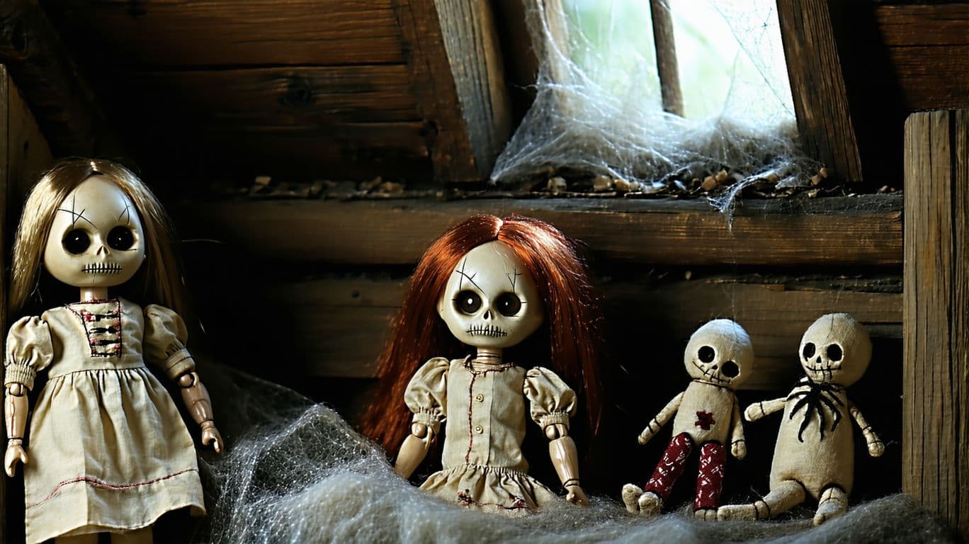 AI generated: Creepy dolls in an old attic, dust and cobwebs 