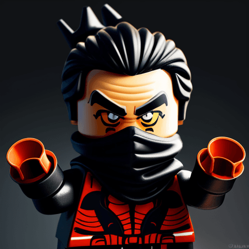 AI generated: developer at work in lego style,un Lego avec une tenue de ninja rouge noir et doré et avec des beau ...