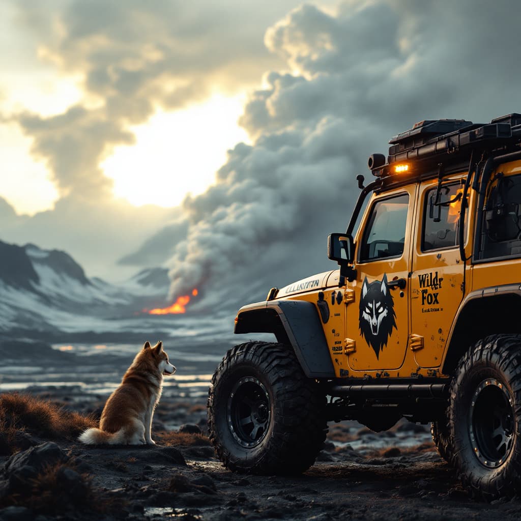 AI generated: Photo of a ultra realistic jeep gladiator, with a large sticker on the door with the legend "Wild Si...