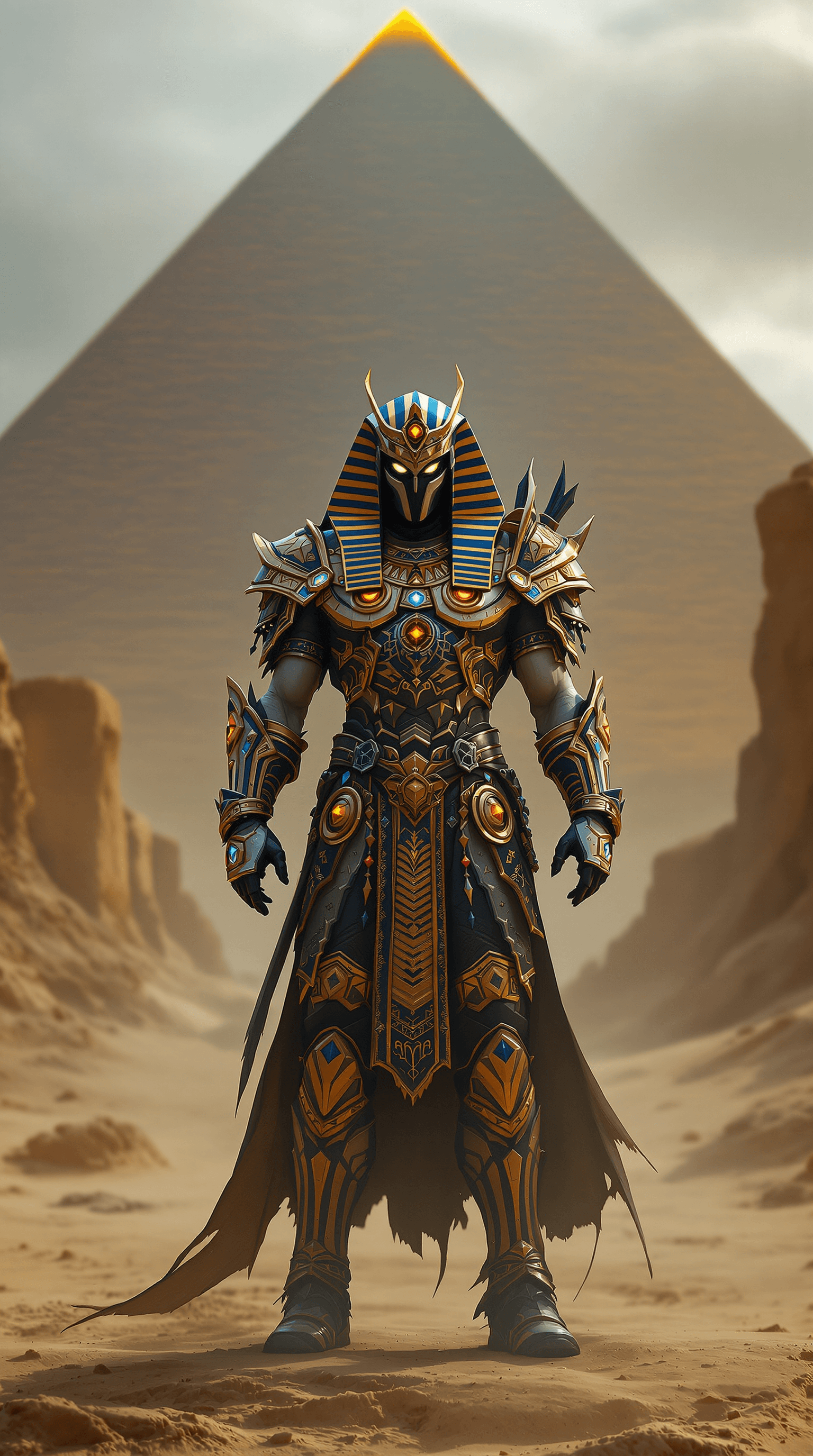 AI generated: god egypt, background pyramid, glowing eyes, god, egypt, sand, heavy fantasy armor withe many acceso...