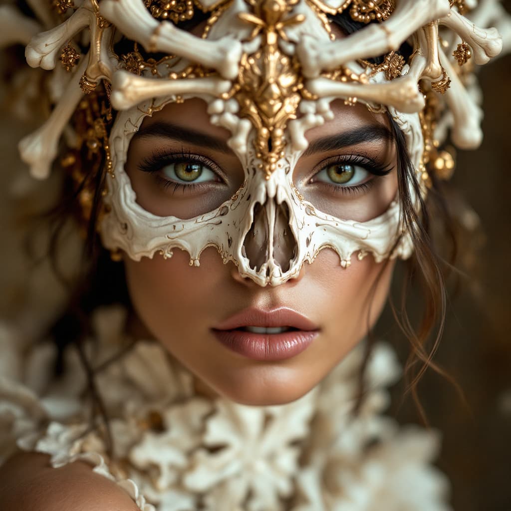 AI generated: photo portrait of a woman wearing a skull and bone mask, in the style of rose gold and white, lookin...