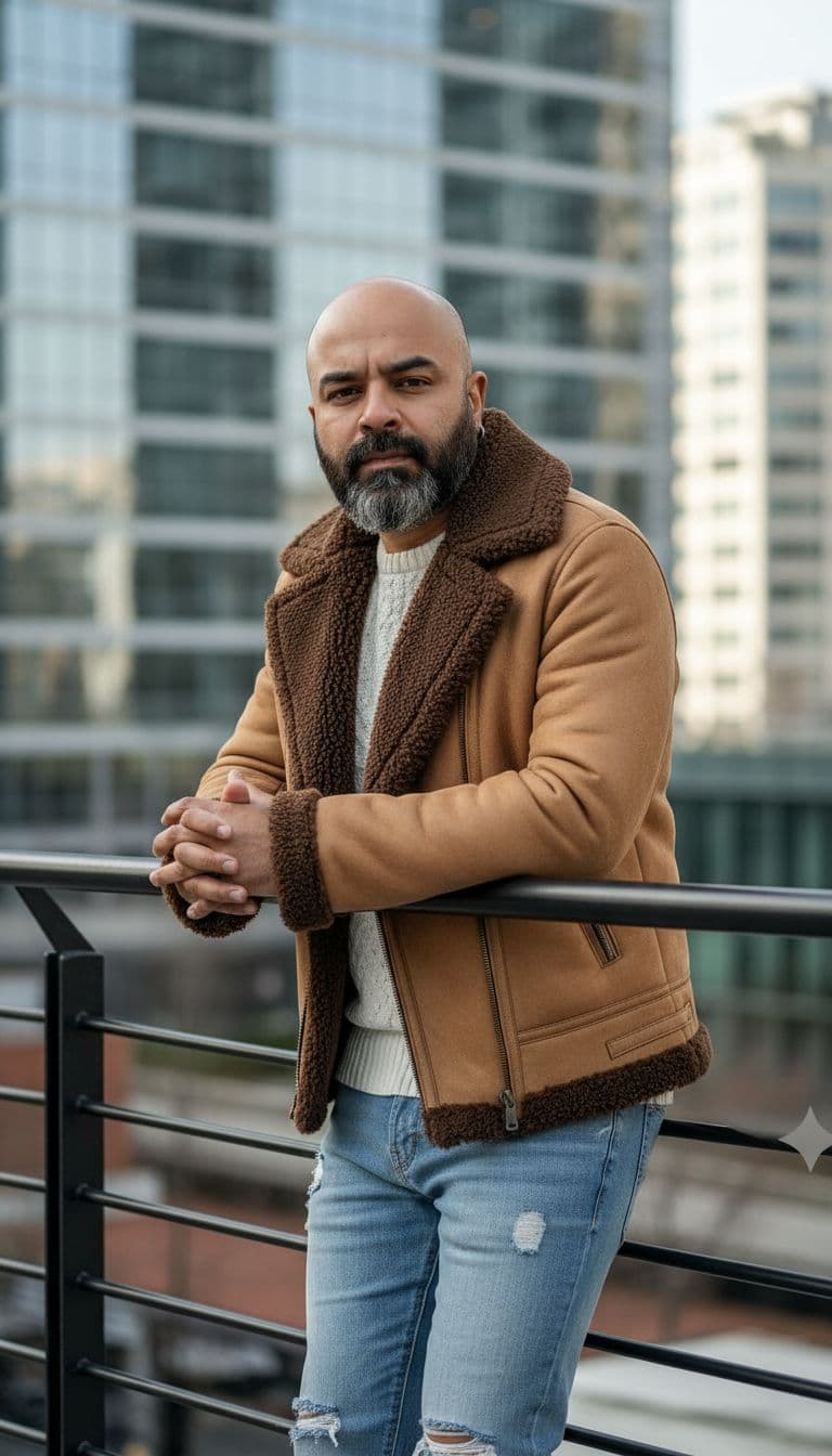 AI generated: A stylish male model standing outdoors against a modern urban backdrop. He is wearing a tan shearlin...
