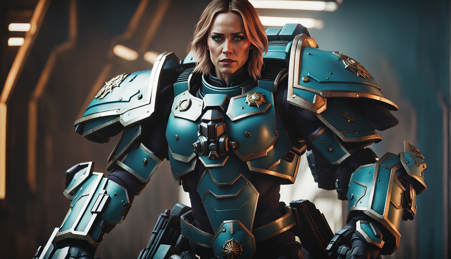 AI generated: Cinematic intricate photograph of Emily Blunt as Alpha legion space marine, action-packed scene from...