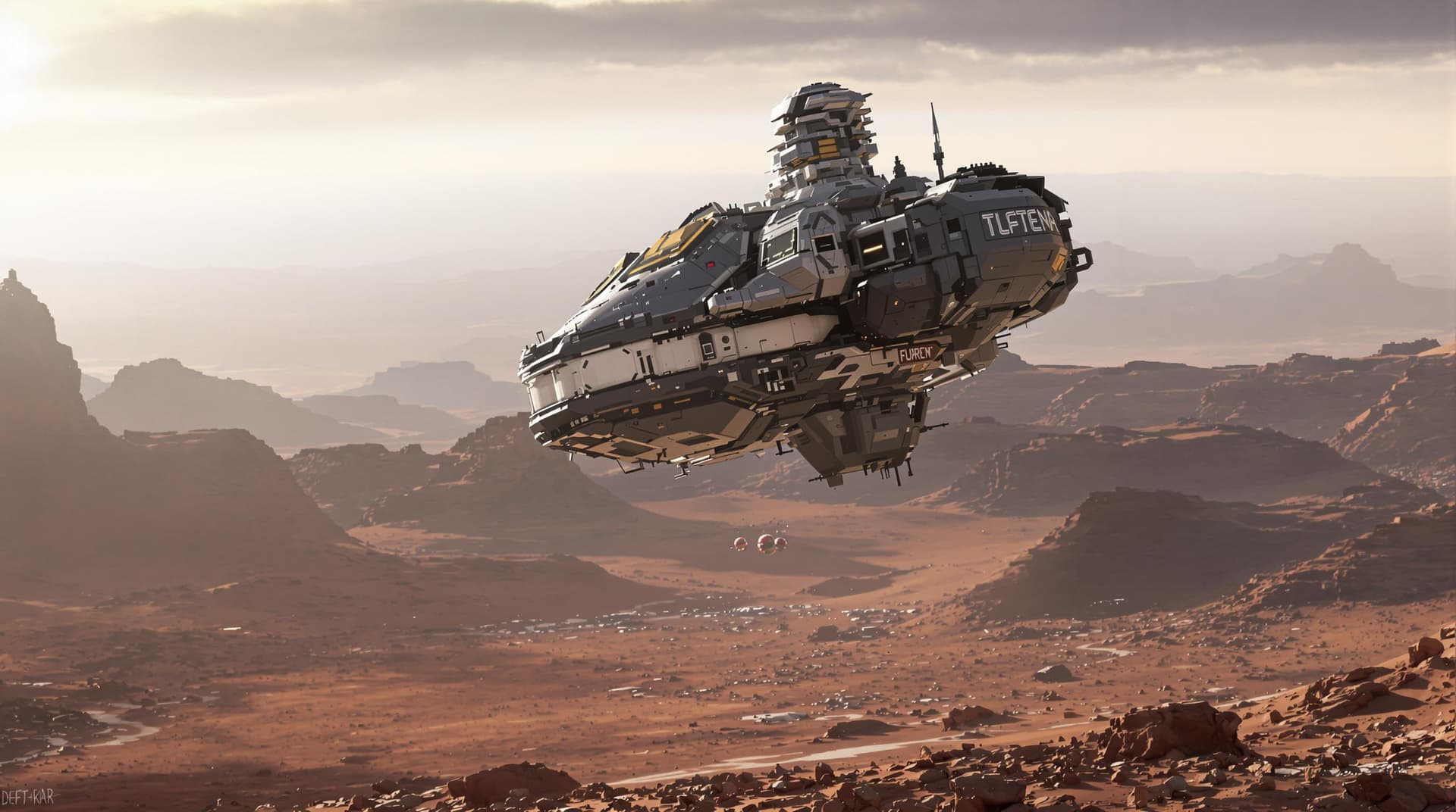 AI generated: A scene of a spaceship landing on an alien planet. In the style of a science fiction movie, with a f...