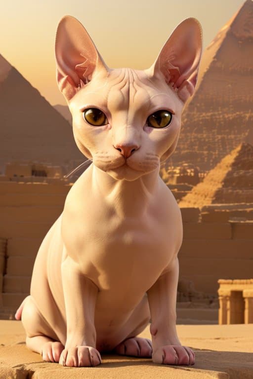 AI generated: Highly detailed mysterious egyptian (sphynx cat), skindentation:1. 2, bright eyes, (ancient egypt py...