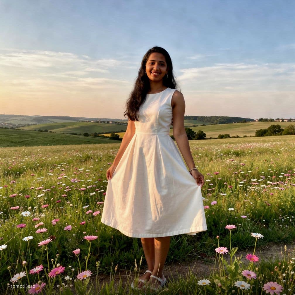 AI generated: A fit adult woman in a white sleeveless dress stands amidst a lush green field dotted with pink and ...