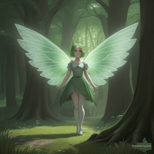 AI generated: illustration of a green short fairy, whit two beautiful wings, medieval clotes, forest background, f...