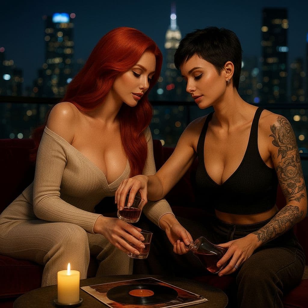 AI generated: Lean in closer together, enhance bust size safely of both women