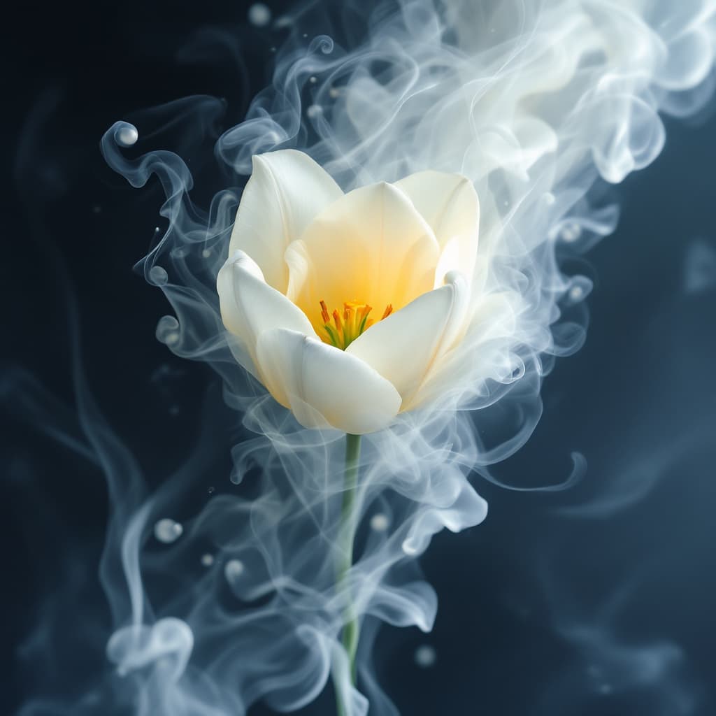 AI generated: white tulip bouquet opening, liquid smoke fractals, elegant botany, dynamic movement, raphael, carav...