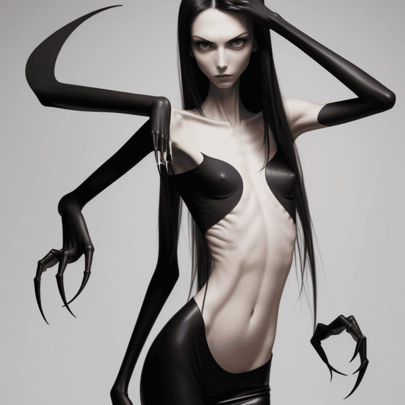AI generated: photo of face an extremely skinny, flat-chested models with long black curved fingernails, claws,