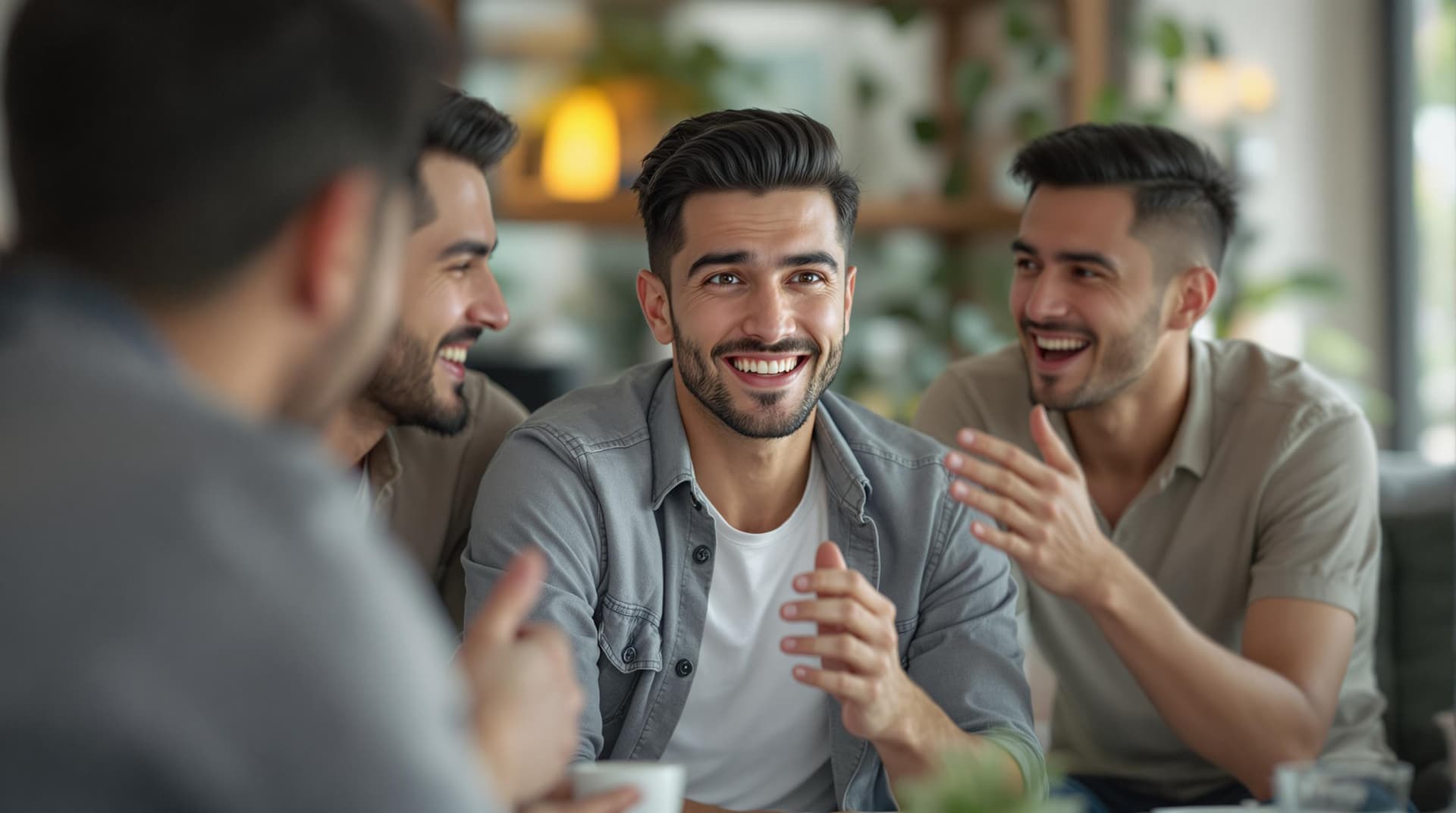 AI generated: "Create an ultra-realistic, ultra 4K image showing men with a small group of friends playfully teasi...