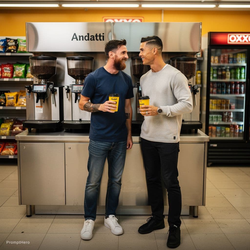 AI generated: Leonel Messi y Cristiano Ronaldo dentro de un oxxo frente a las maquinas de cafe Andatti y tomando c...