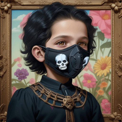 AI generated: pop surrealism painting of boy made of puzzle in David alejandro skull mask, in the style of childli...