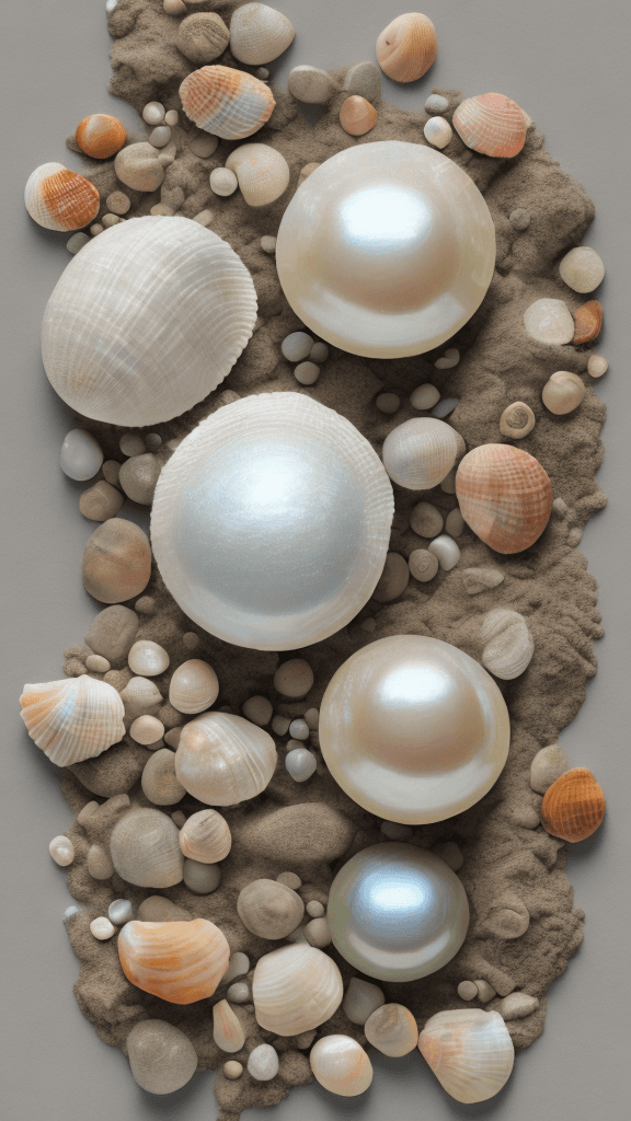 AI generated: Tiffani brand advertisment, sea sand and pebbles, open shell with a pearl