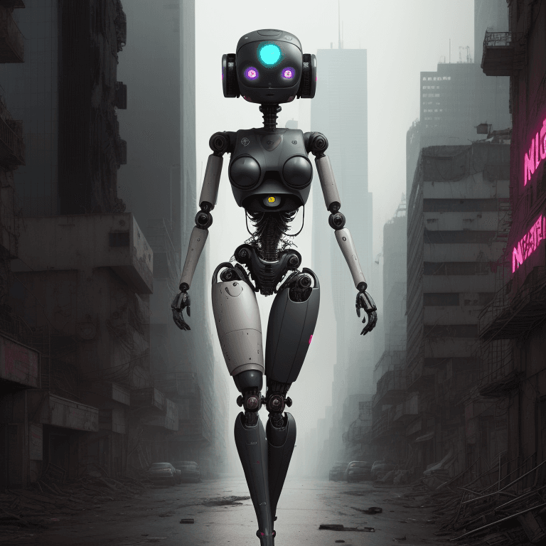 AI generated: nvinkpunk, realistic women humanoid robot in a dystopic city