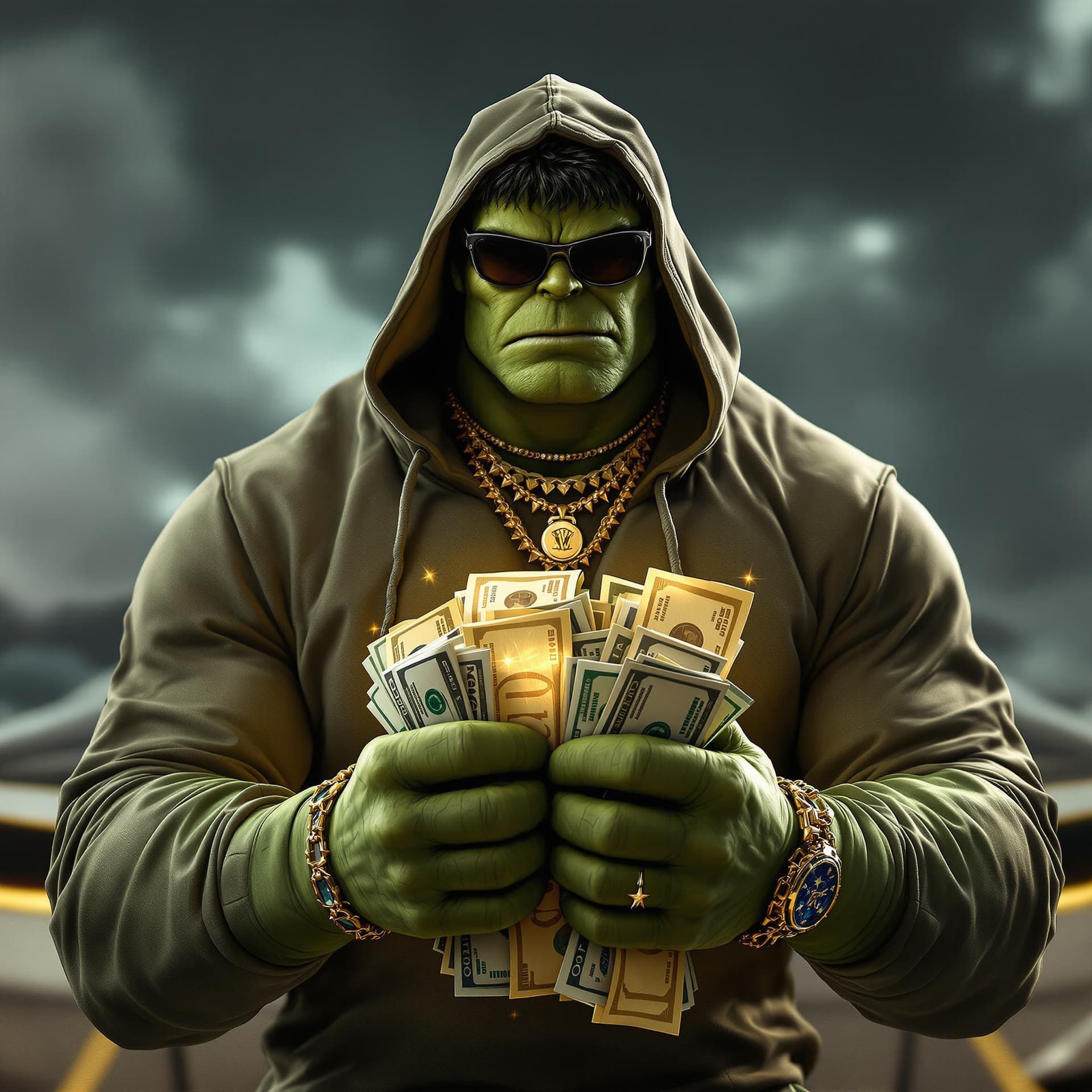 AI generated: the incredible hulk wearing a cool hoodie in hip hop fashion with shades, jewelry and timberland boo...