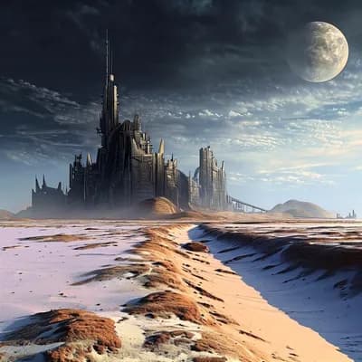 AI generated video: the camera moves along the surface of an alien planet towards a city in the background, clouds move ...