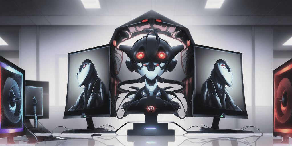 AI generated: In the background there are personal computers, keyboards, monitor, different pc components. In the ...