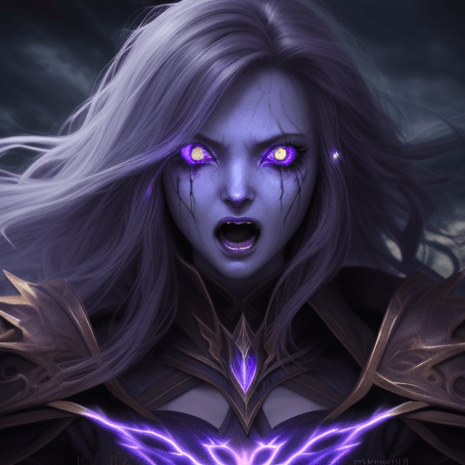 AI generated: lightening sorceress with lighted eyes screaming macros portrait clouds in back ground dark phantasy