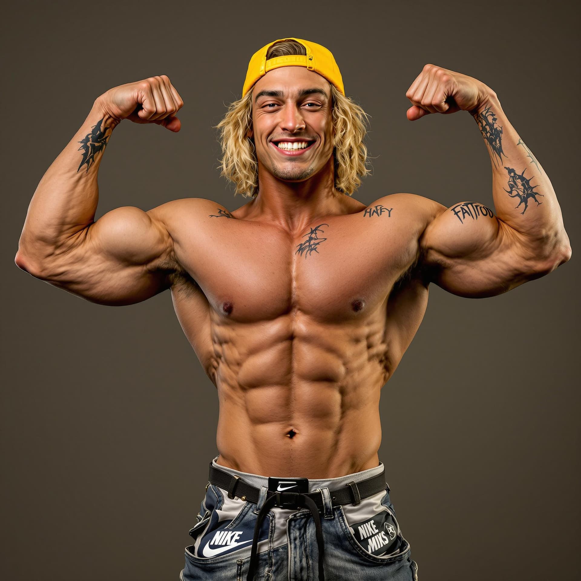 AI generated: young College sports jock, chiseled jaw, round face, crooked smile, curly blonde shoulder length hai...